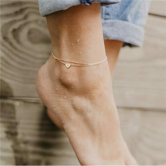 Ankle Bracelets for Women, 14K Gold Plated Dainty Layered Heart Initial Anklets - Picture 3 of 7